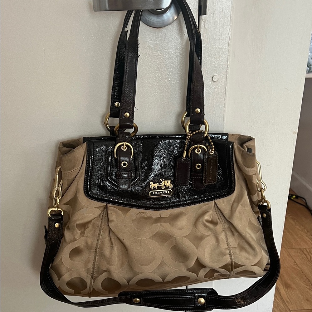 Coach Brown and Black Signature Shoulder Bag